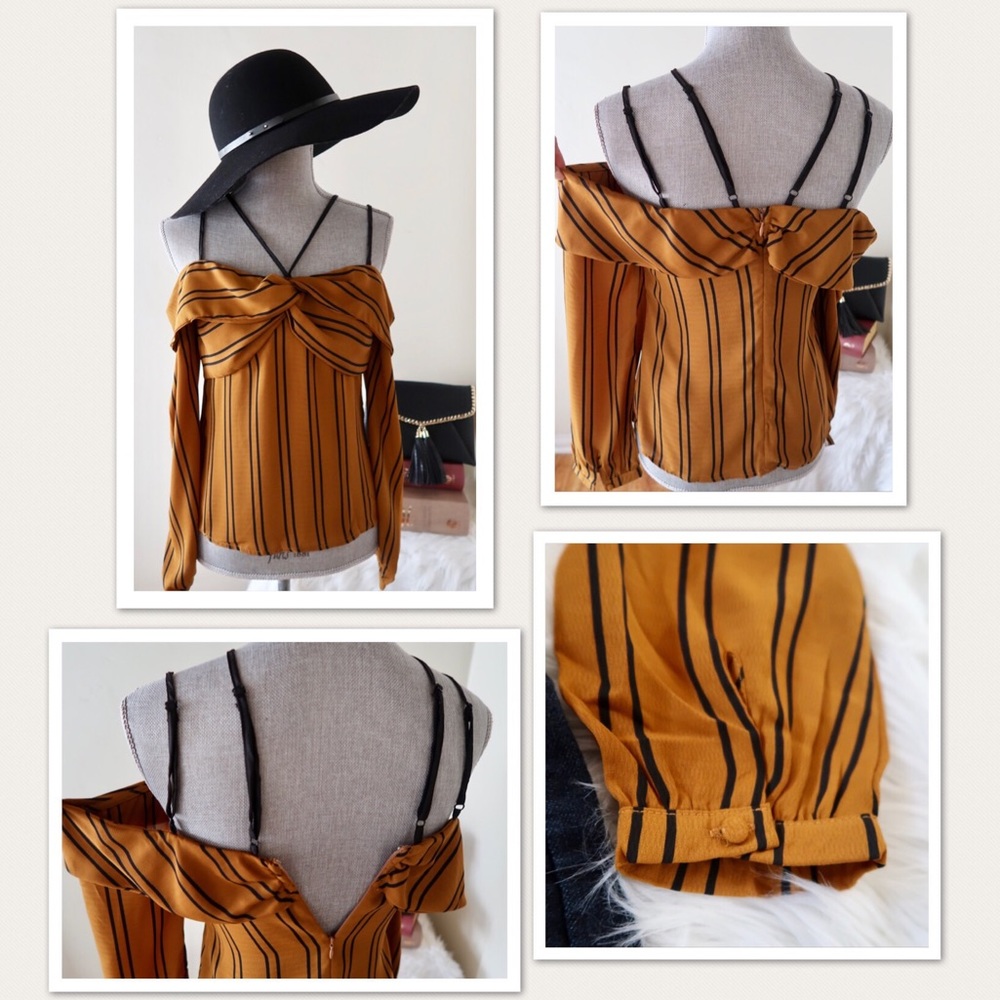 NANCY-Mustard with Black Stripes Off- Shoulder Top - Picture 3 of 5